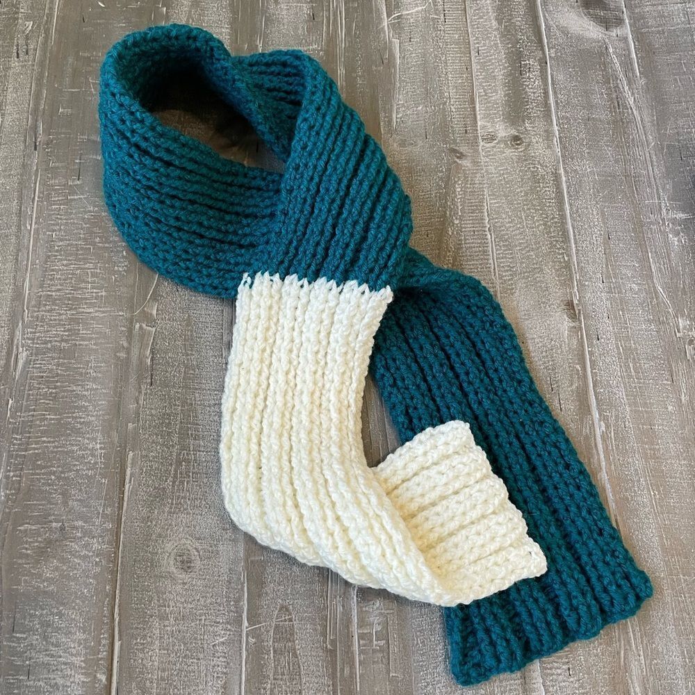 Handmade Crochet Knit Color Block Teal White Scarf